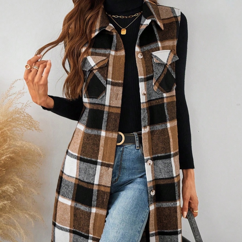 Plaid Pocket Sleeveless Casual Women Vest Jacket